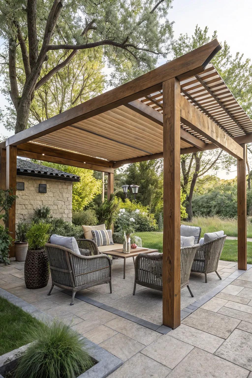 A wood-slat structure unifies flair and utility, forming a shaded outdoor haven.