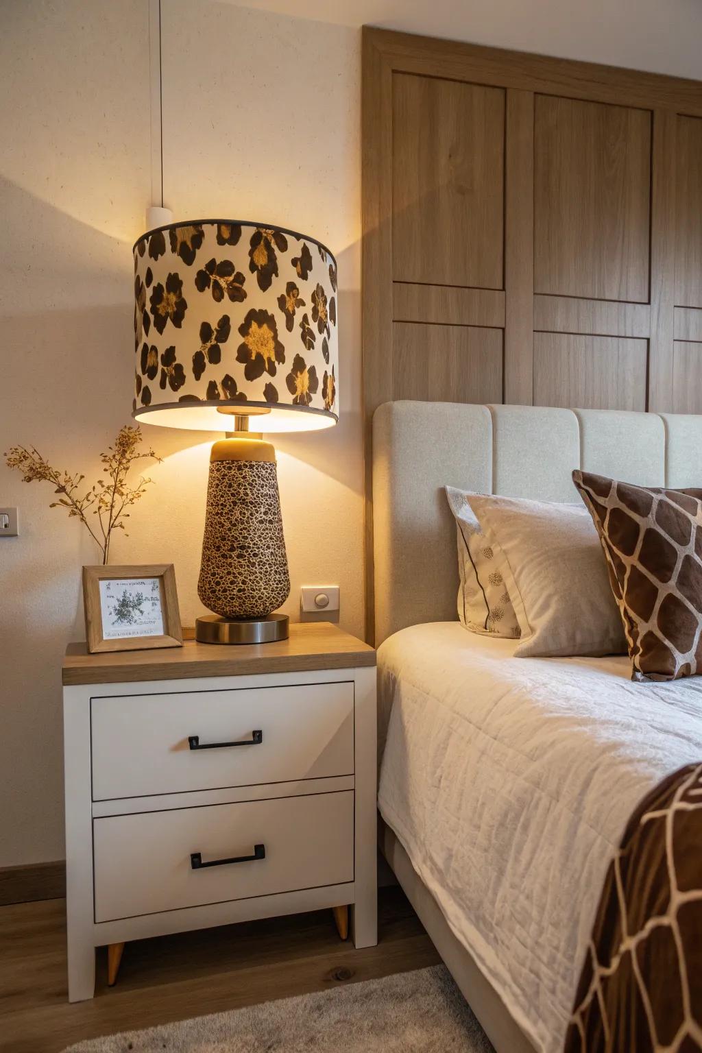 A spotted bovine lampshade provides a whimsical aspect to just about any space.
