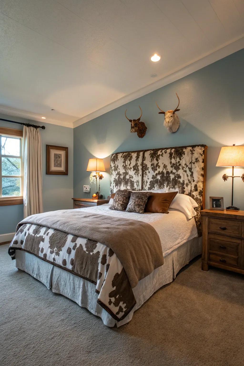 A bedroom enhanced with a rustic cowhide headboard.