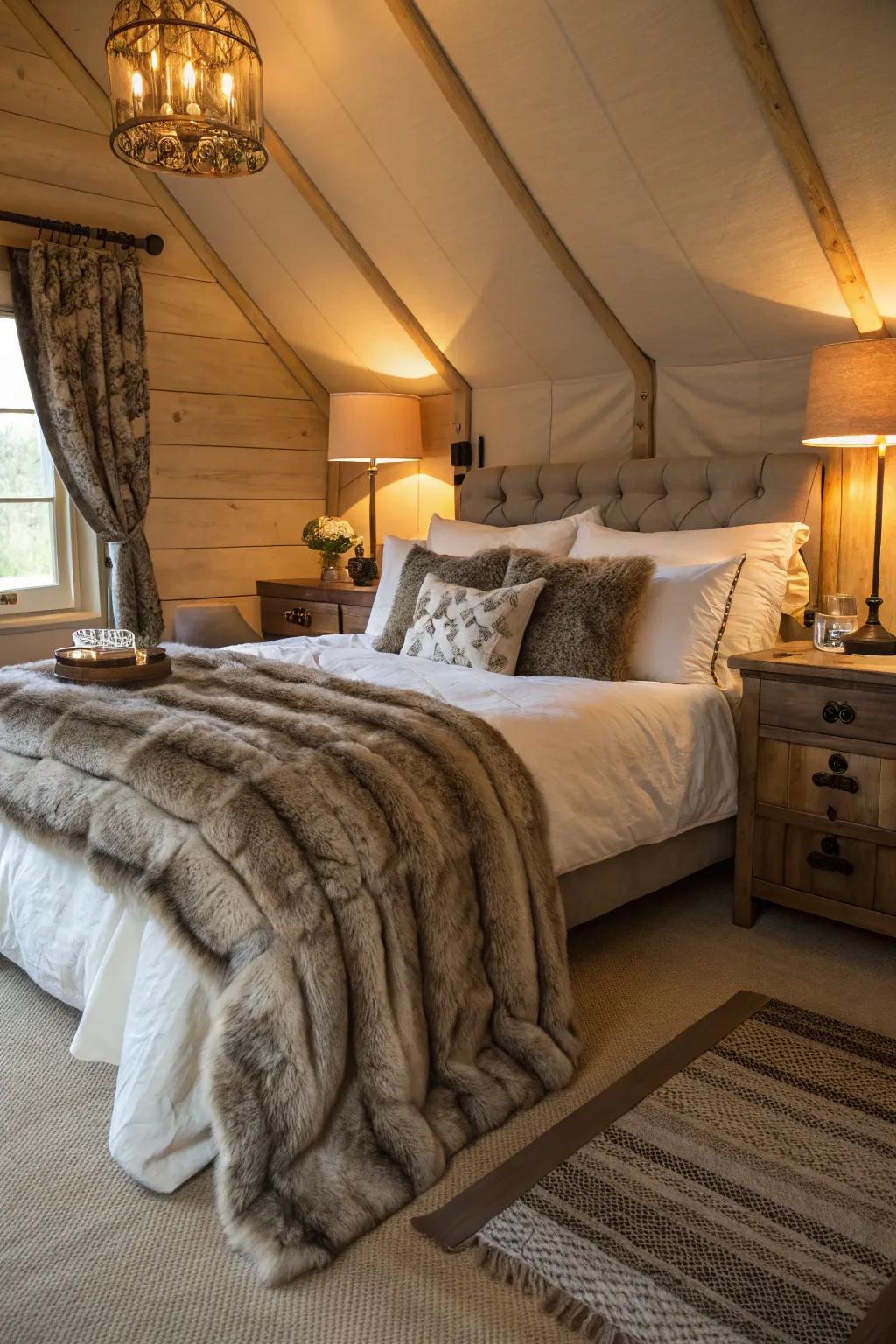 A lavish bedroom showcasing plush faux fur wraps and a serene, cozy vibe.