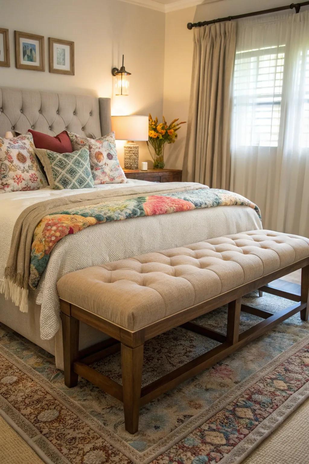 A padded bench imparts comfort and refinement to the bedroom.