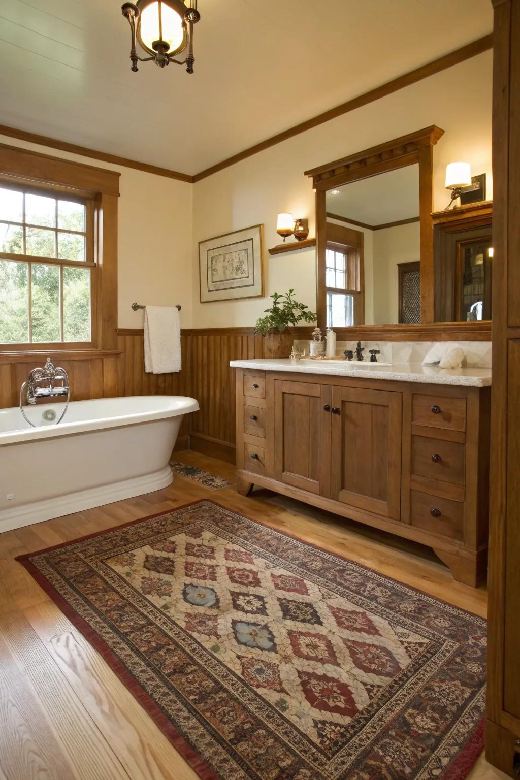 A cozy traditional covering adding warmth to the craftsman bathroom.