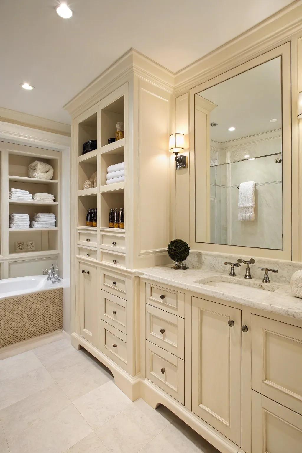Ample storage solutions keep this cream bathroom organized and serene.