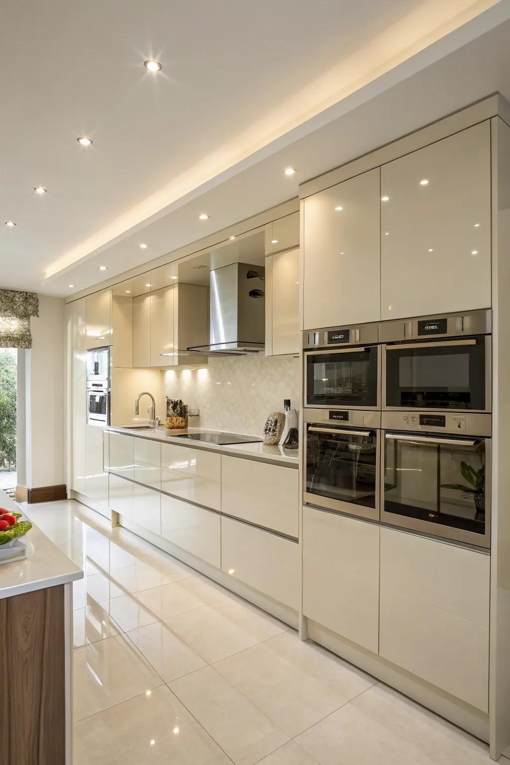 Seamless appliances keeping a sleek, unified look in a cream gloss kitchen.
