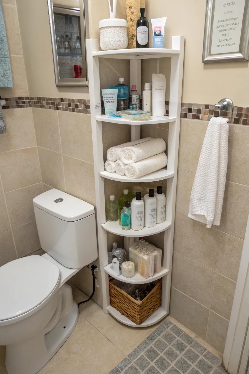 Corner racks make use of every available space in the bathroom.