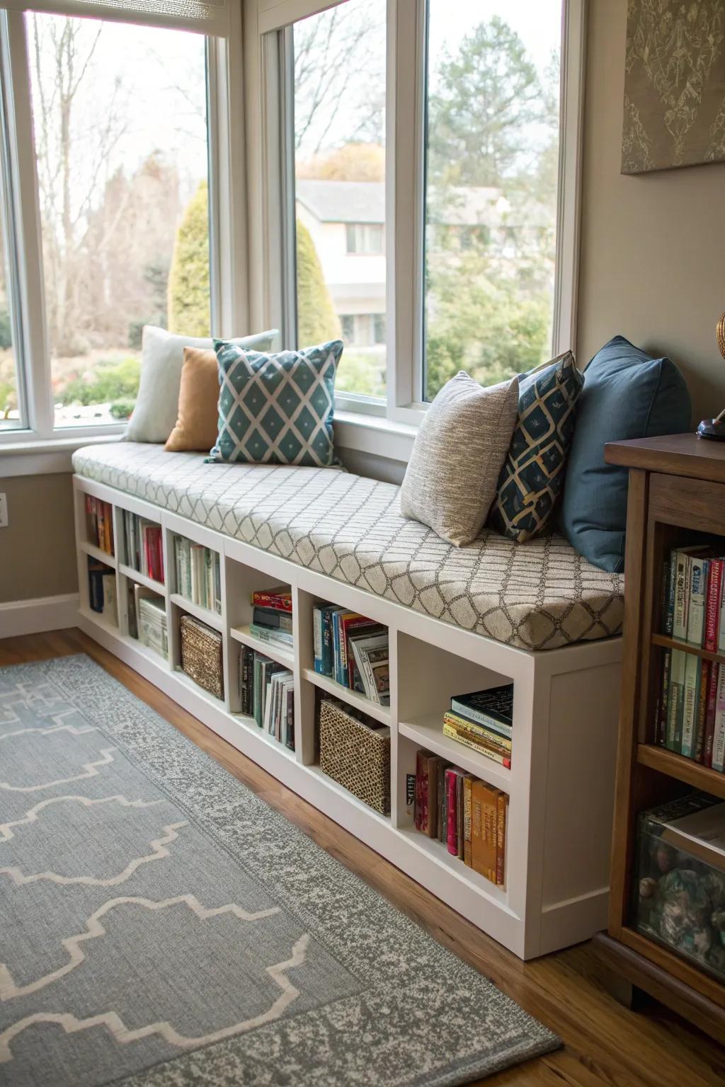 Furniture using integrated book storage optimizes area efficiency.