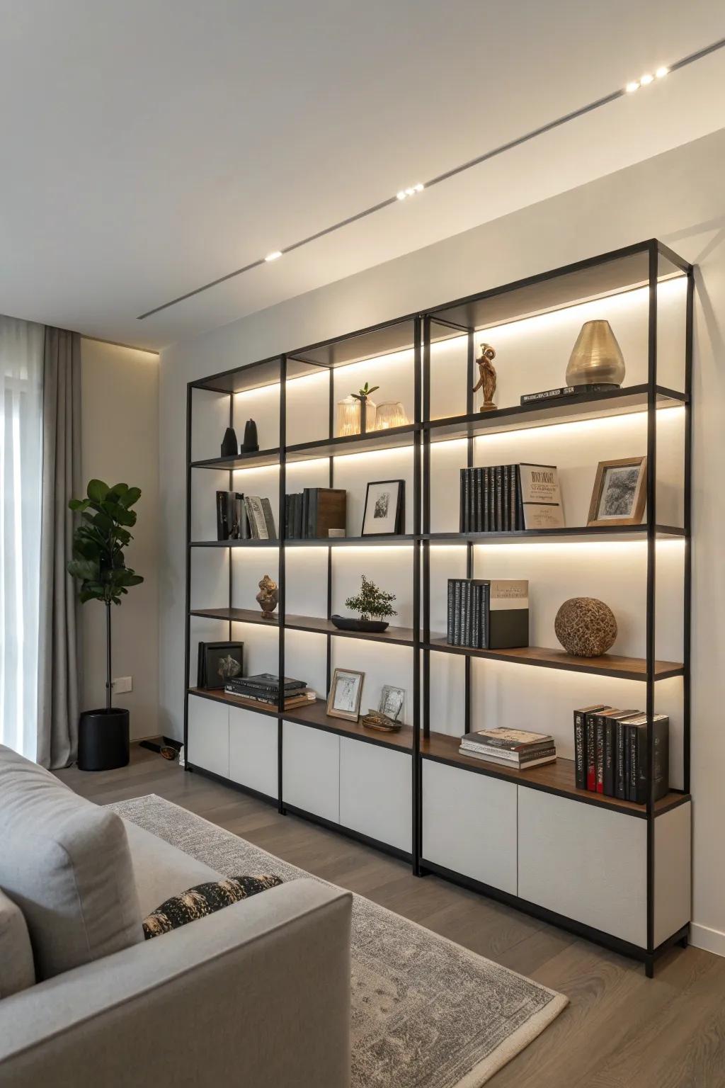 Minimalist bookshelves underscore elegance and simplicity.