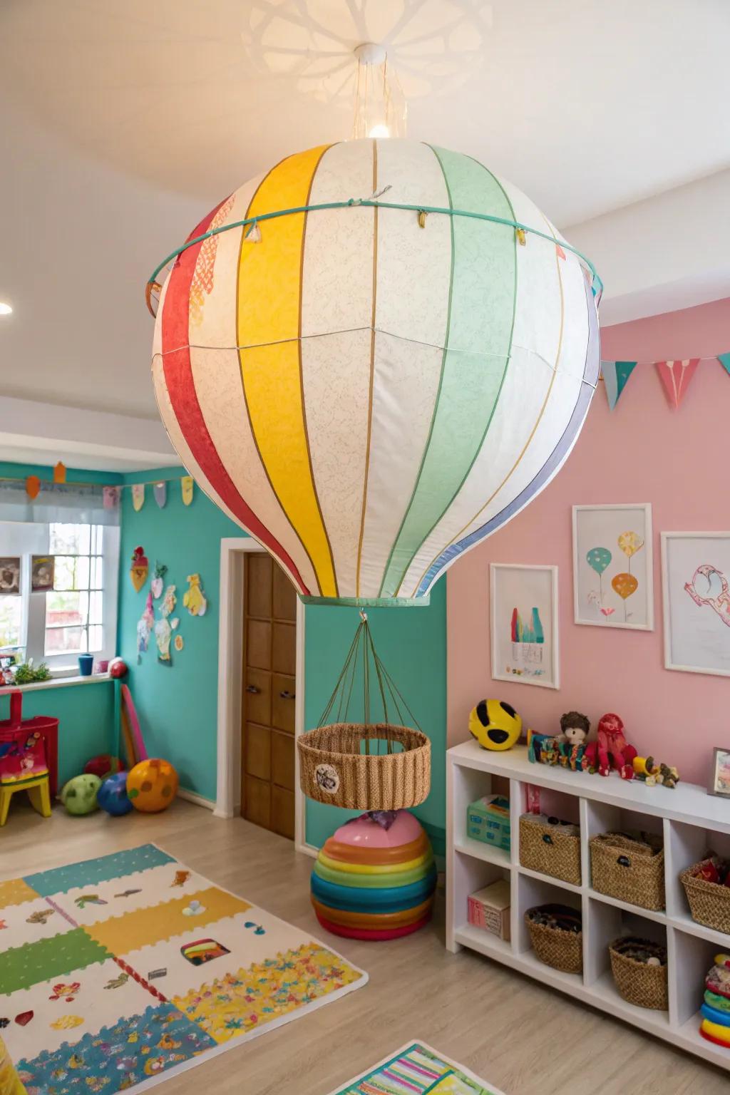 A playful balloon lamp creates a lighthearted setting in a playroom.
