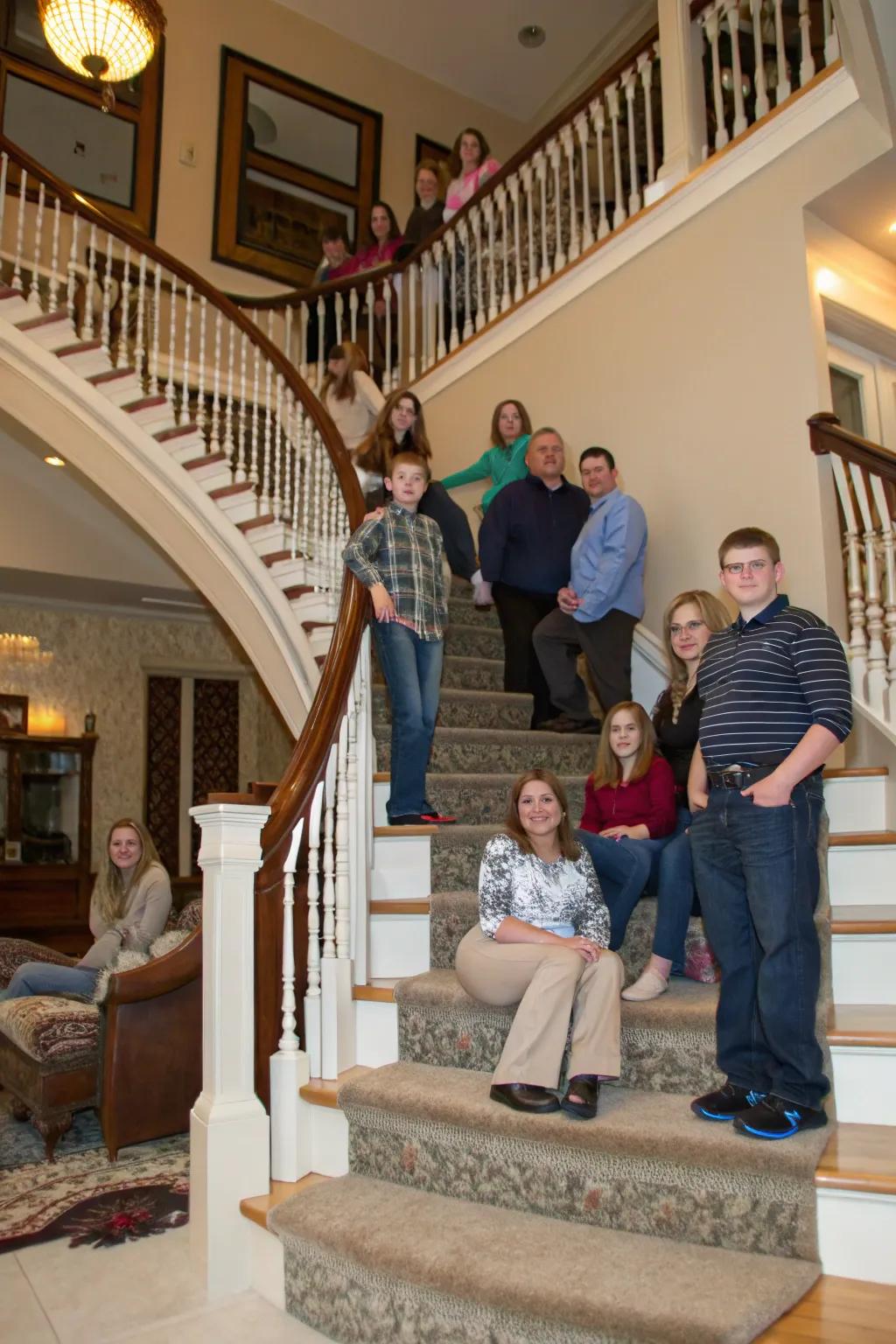 For imaginative family photo compositions, staircases provide natural tiers.
