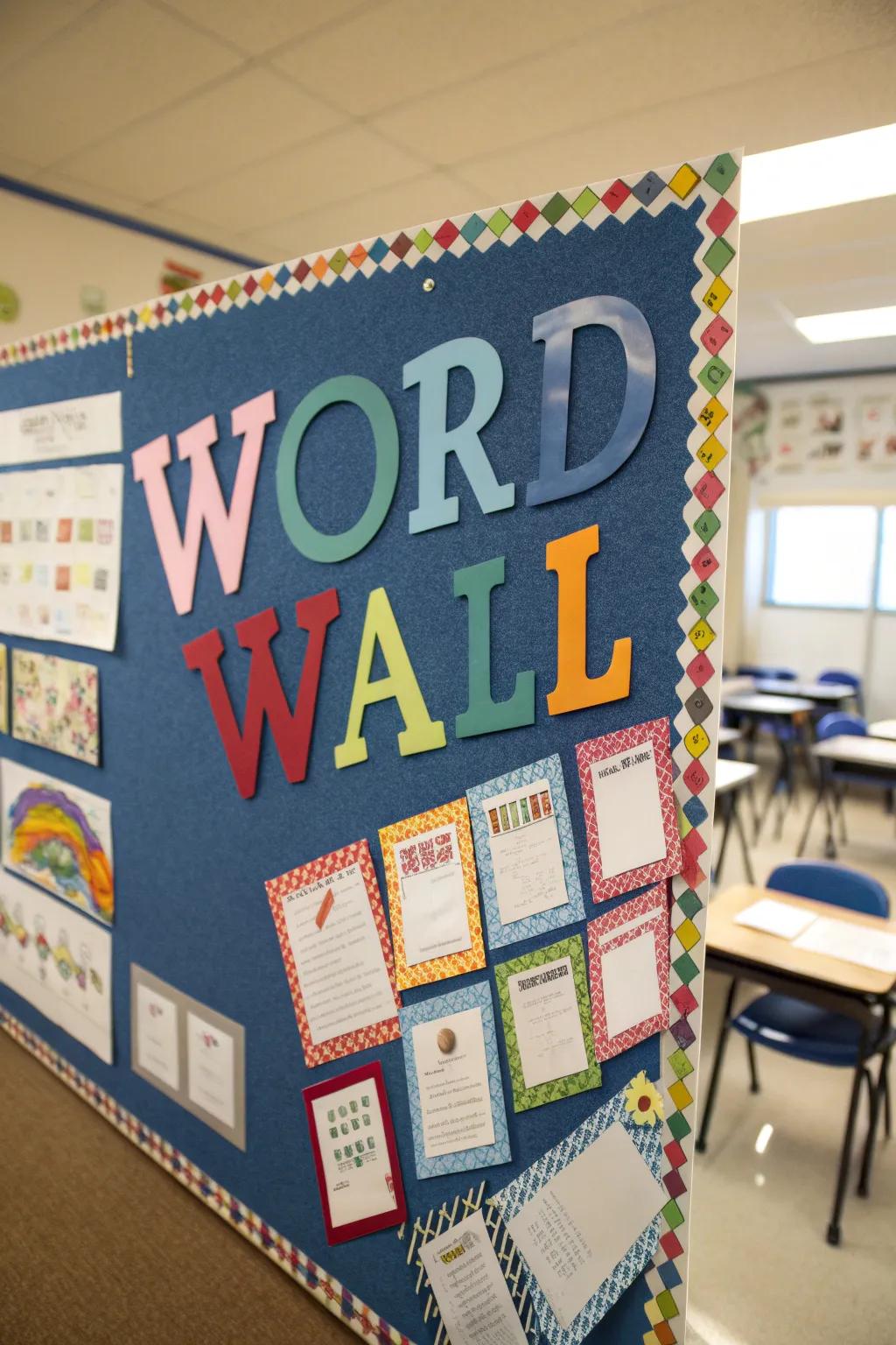 A traditional word wall employing bulletin board materials for decoration