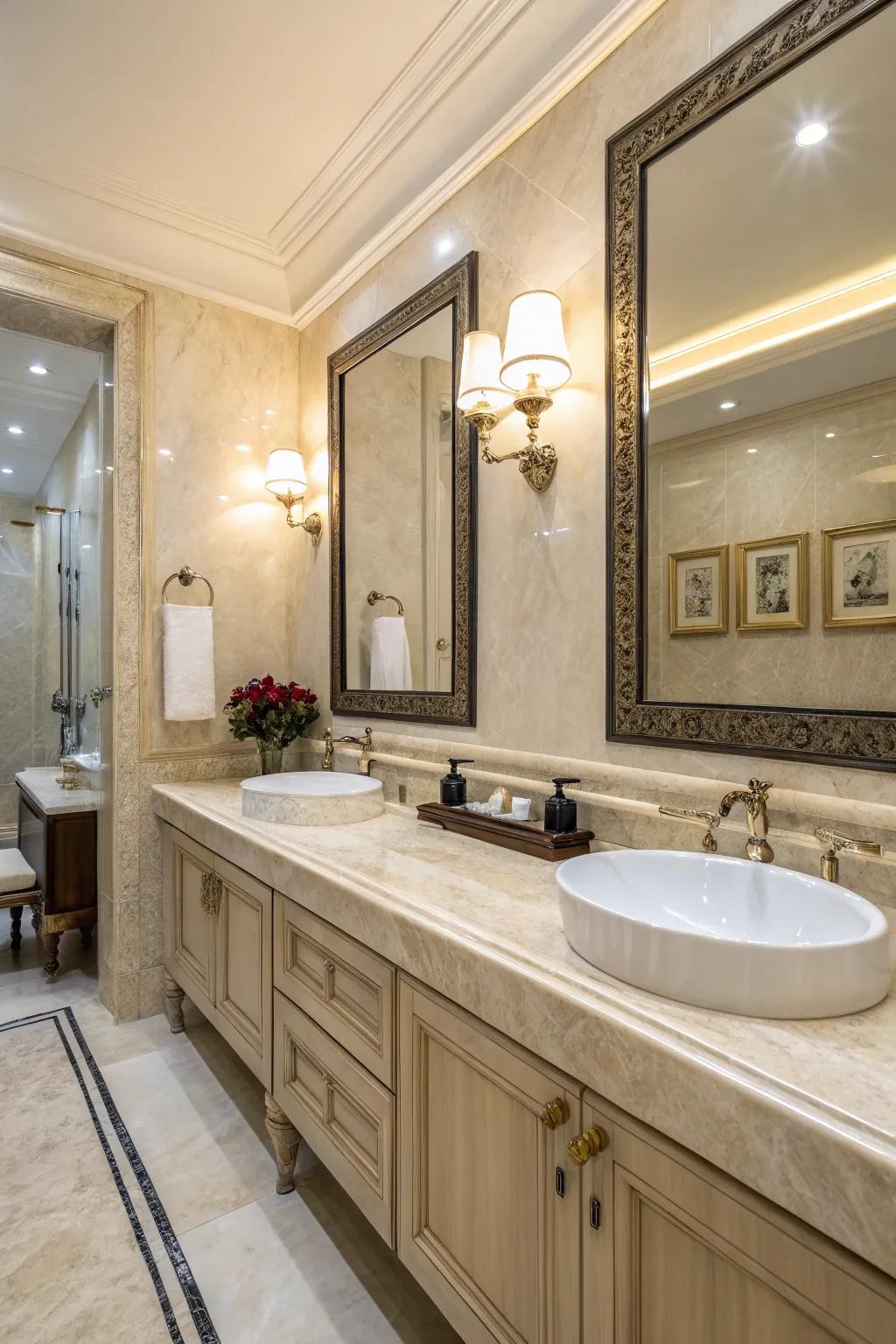 Timeless meets contemporary with crema marfil stone.