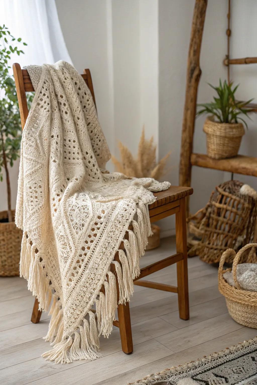 Envelop yourself in elegance with this handcrafted knit wrap, a perfect combination of style and warmth.