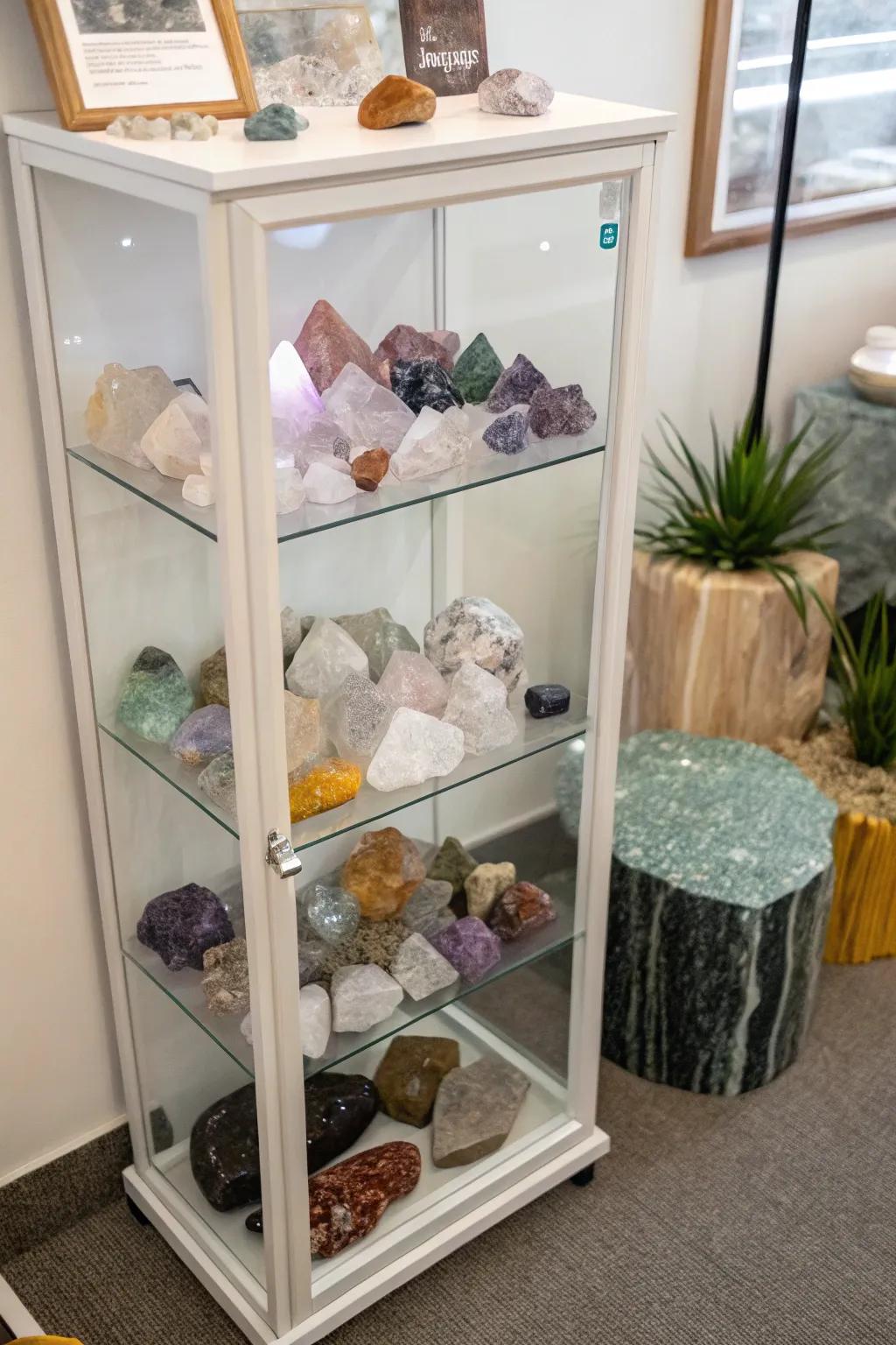 A clear cabinet elegantly displays a curated crystal collection.