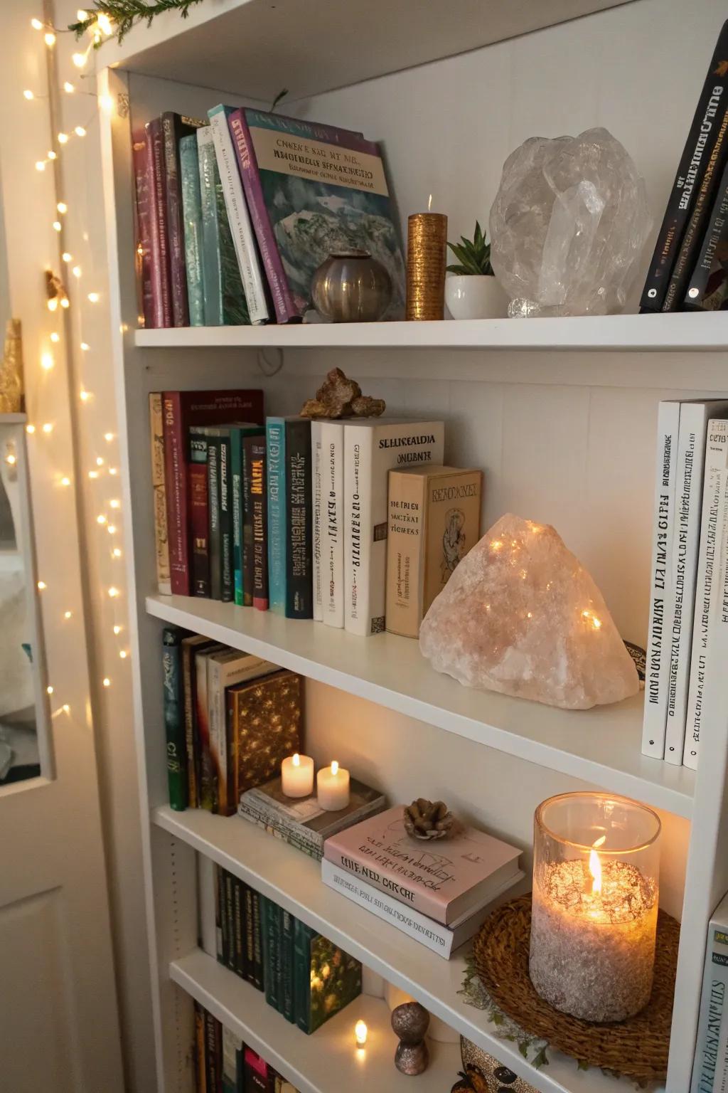 Appreciate crystals seamlessly integrated into a bookshelf exhibit.