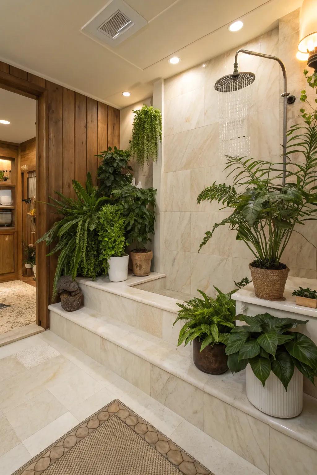 Natural aesthetic complements the elegance of cultured marble showers.