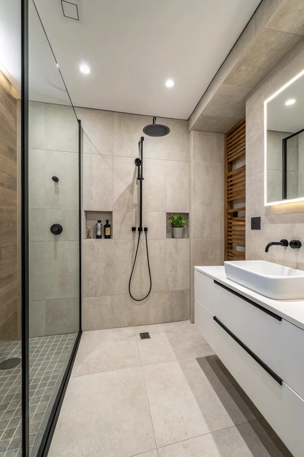 Minimalism at its finest in this neatly presented, clutter-free curbless shower.
