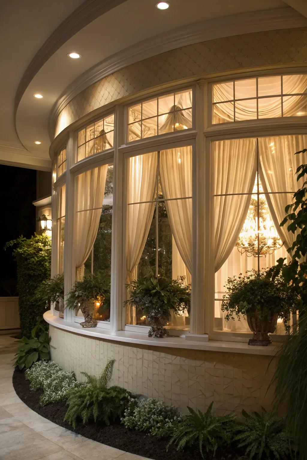 The gorgeousness of a curved bay window is enhanced by decorative lights.