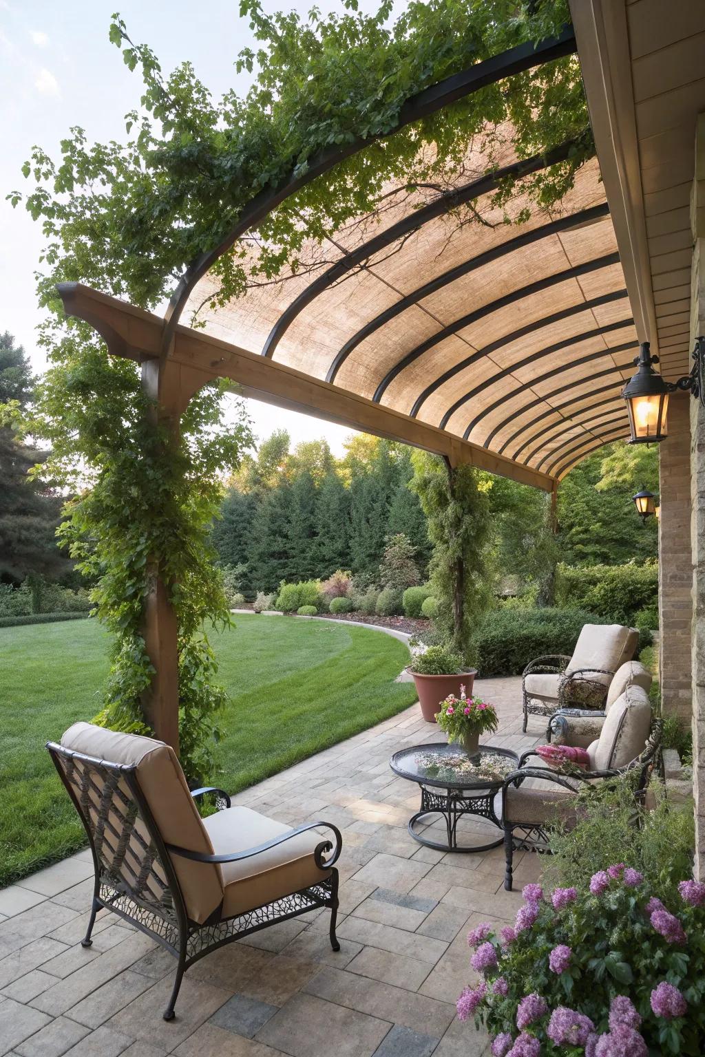 A stylish curved pergola offering shade and elegance to the patio.