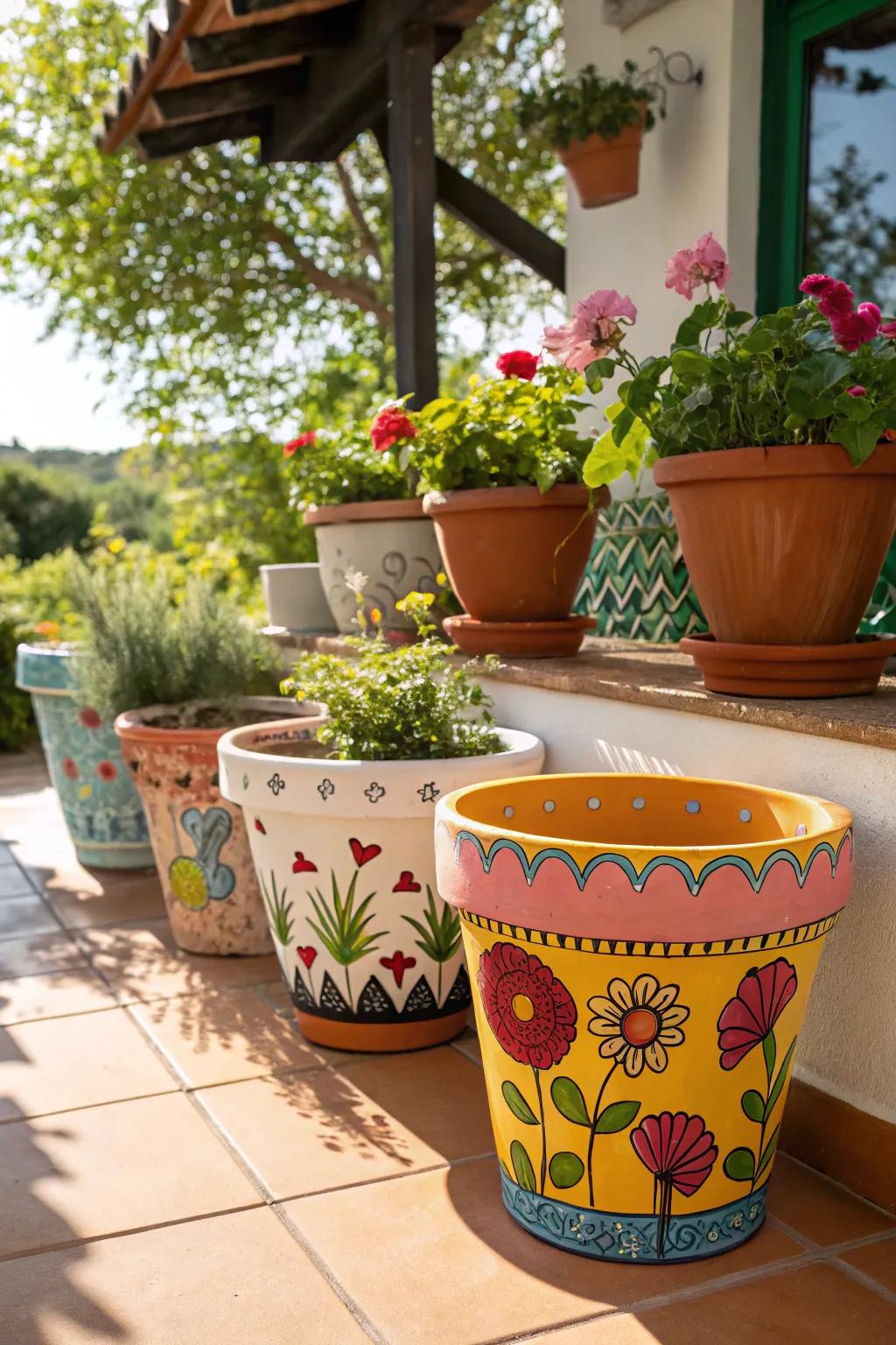 Hand-painted garden pots introduce vibrant charm to any garden scene.