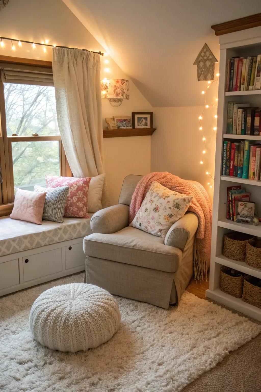 A cozy nook conducive to reading and relaxation within a shared space.