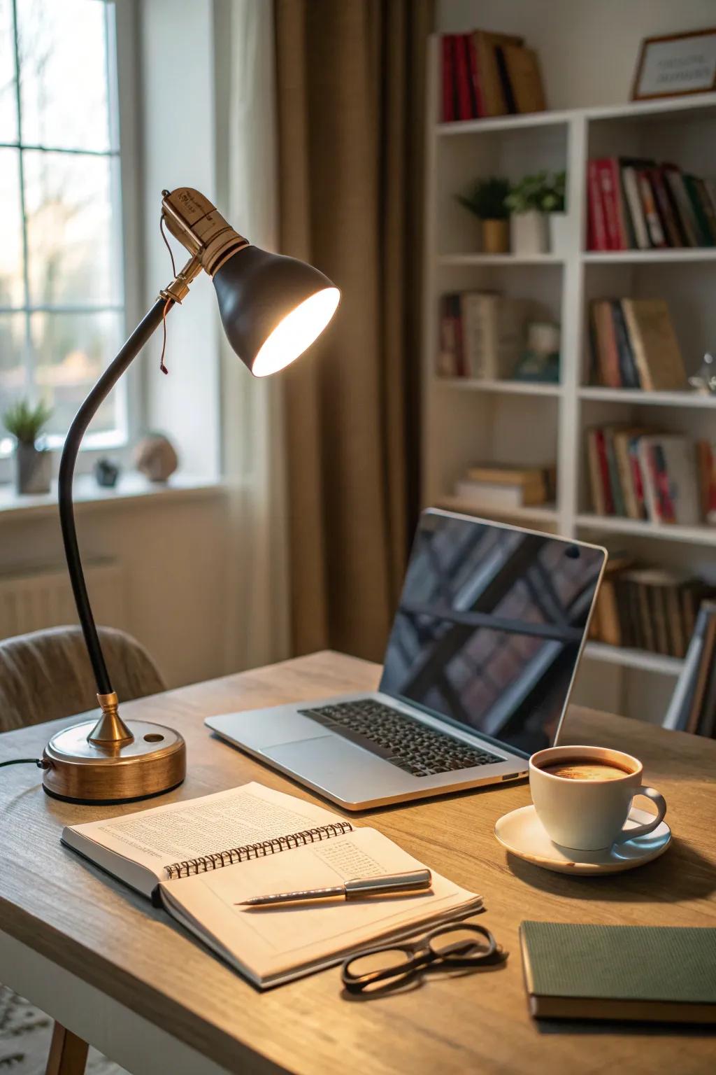 A fashionable desk lamp offering spot lighting in a home office.