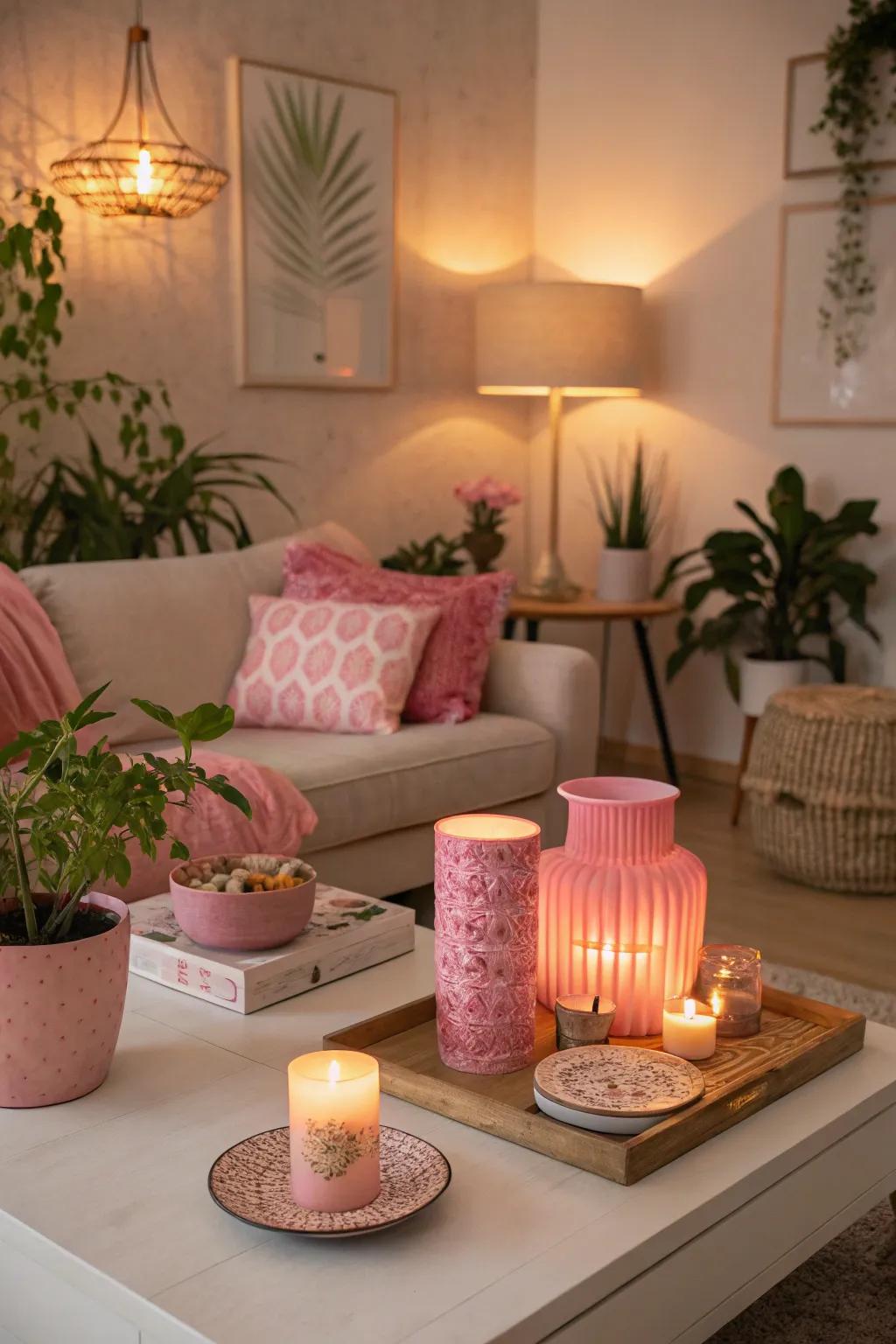 Rose-toned ambient illumination crafts a cozy atmosphere.