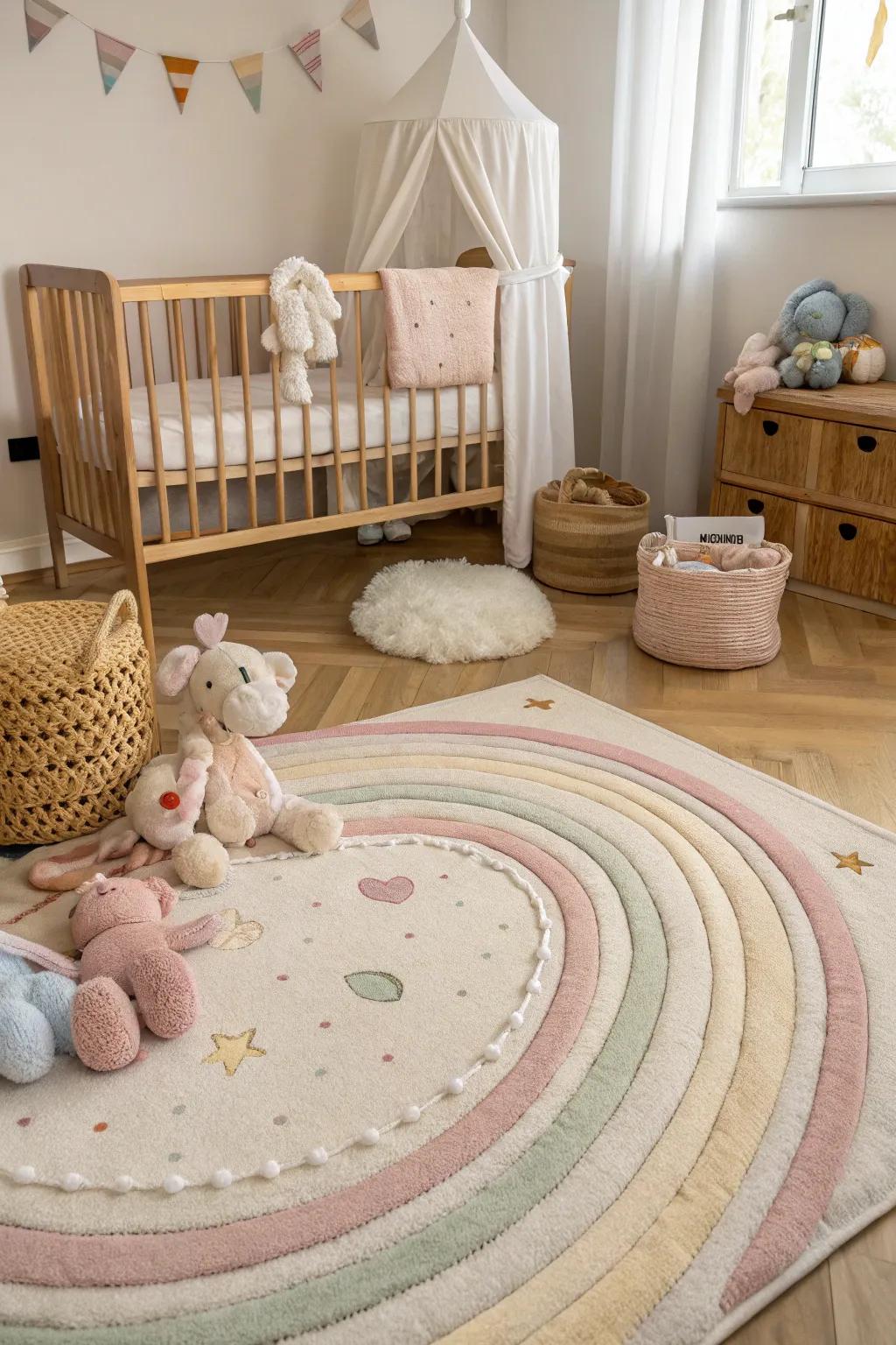 Create a calming atmosphere with pastel rugs.