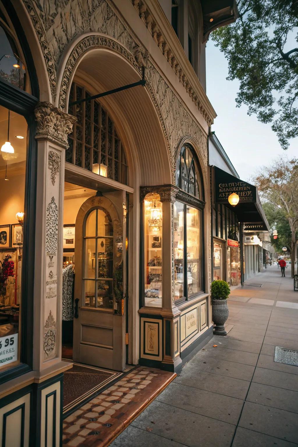 A storefront with notable design elements that add charm and character.