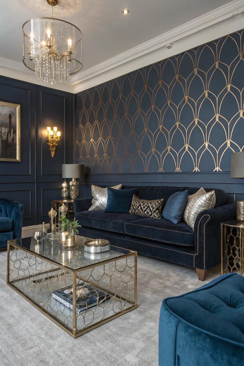 Metallic accents give dark blue walls a touch of luxury.