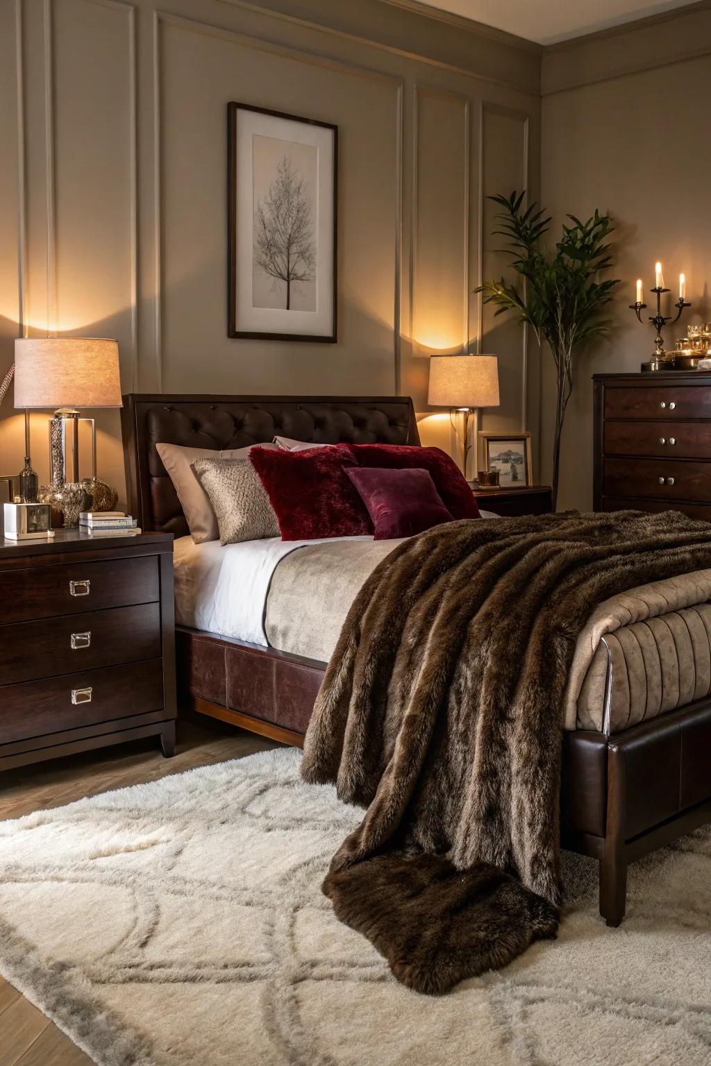 High-end fabrics add sophistication and comfort to deep brown environments.