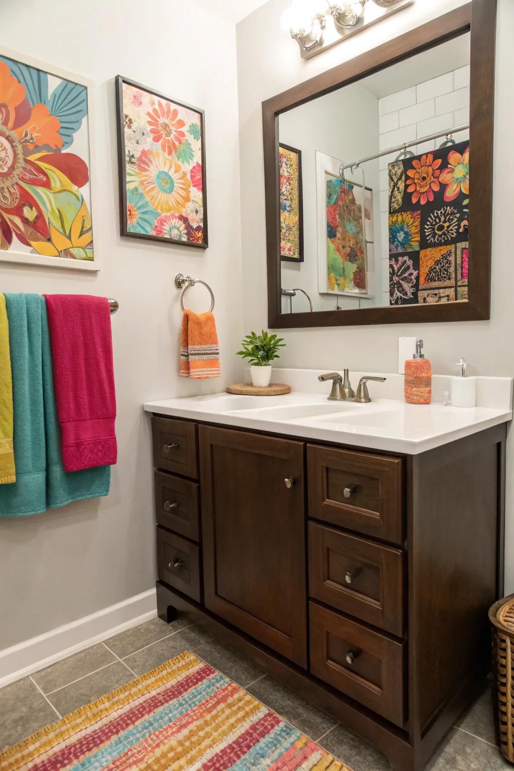 Colorful accents inject vibrancy into a bathroom showcasing a dark brown vanity.