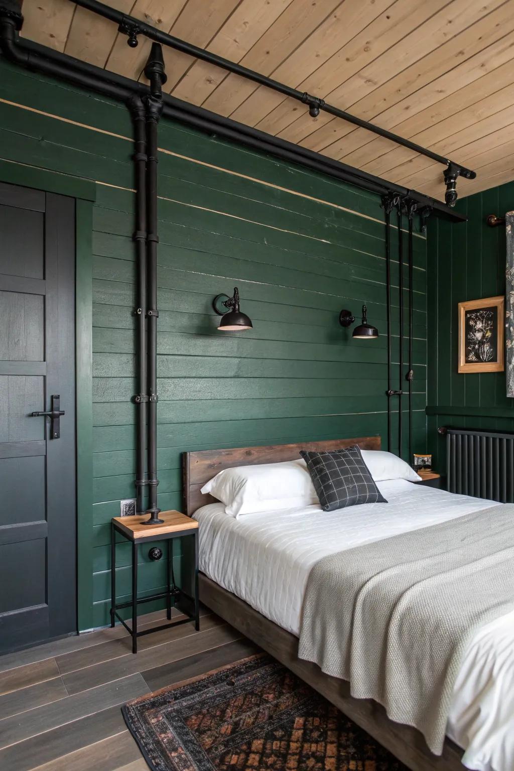 Dark green shiplap walls add texture and warmth.