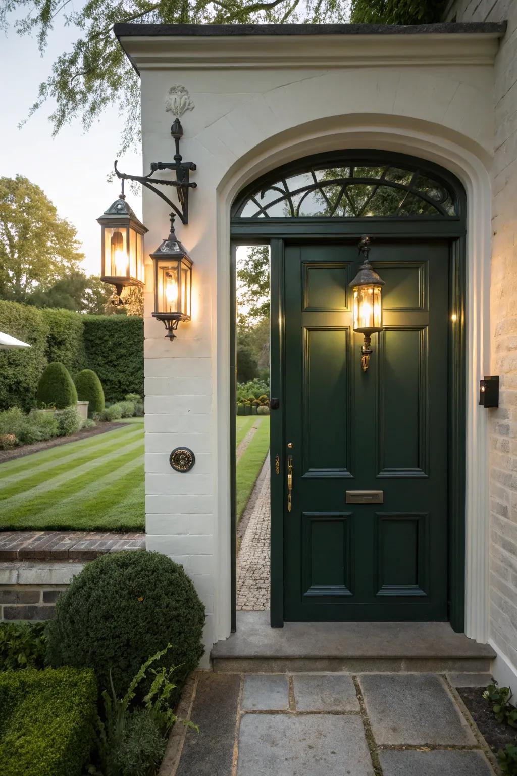 Lanterns affixed to the wall brighten the entrance, bestowing warmth and style.