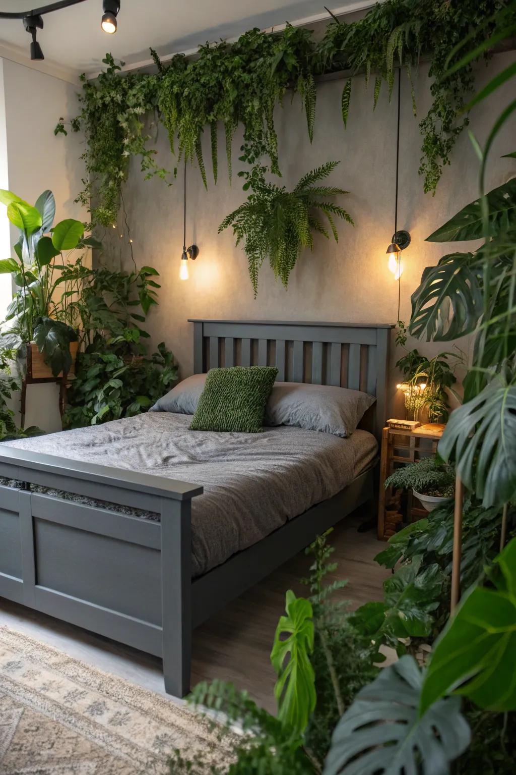 Greenery infuses life and contrast in a bedroom with a dark grey bed frame.