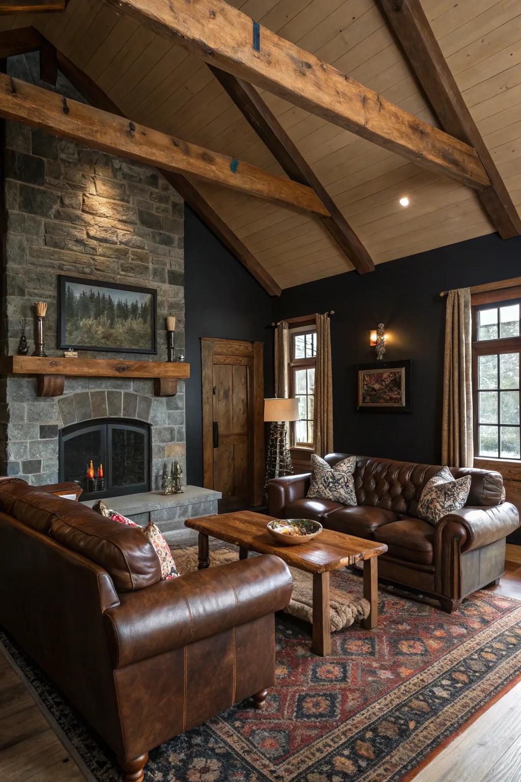 A cozy, earthy-themed living space evoking the spirit of a cabin retreat.