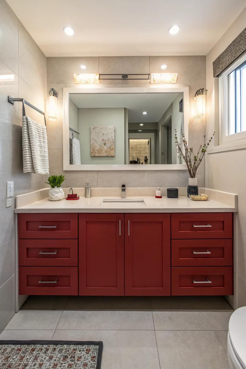 An audacious crimson dresser serves as an eye-catching centerpiece within the bathroom.