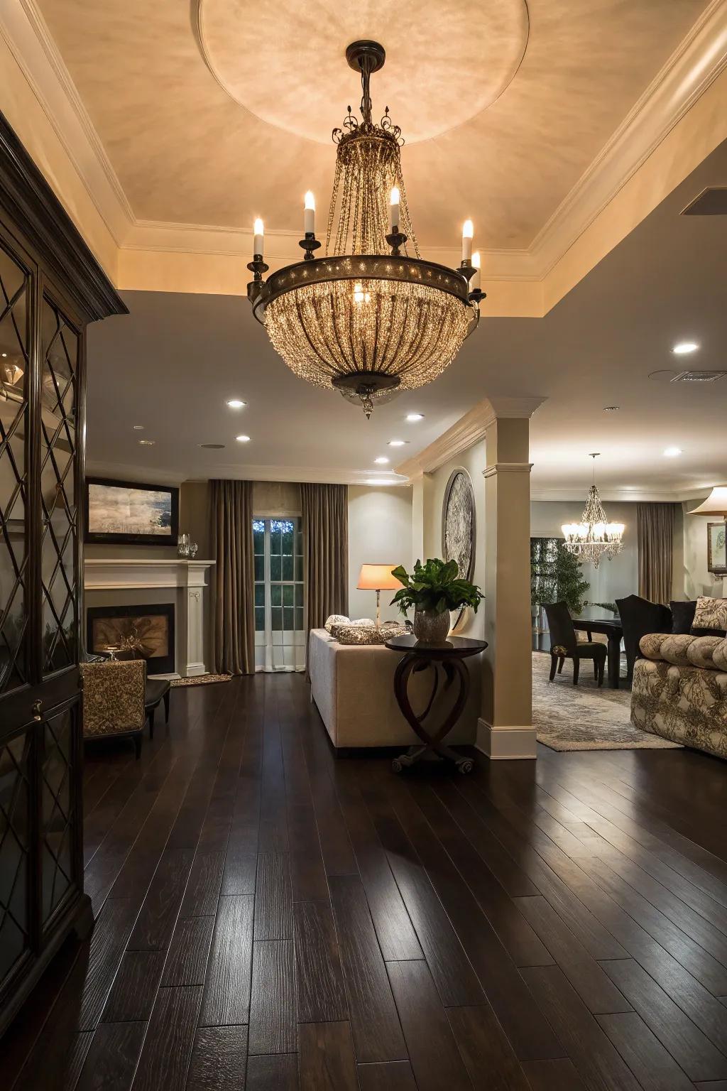A striking chandelier adds interest to this room with <strong>dark wood floors</strong>.&rdquo; loading=&rdquo;lazy&rdquo; class=&rdquo;pimg&rdquo;>
	</picture><figcaption>A striking chandelier adds interest to this room with <strong>dark wood floors</strong>.</figcaption></figure>
<p>A remarkable lighting fixture can draw the eye upwards, offsetting the deep tones beneath. I often suggest chandeliers or oversized pendant lights for this purpose.</p>
<h3>Items that may come in handy:</h3>
<ul class=