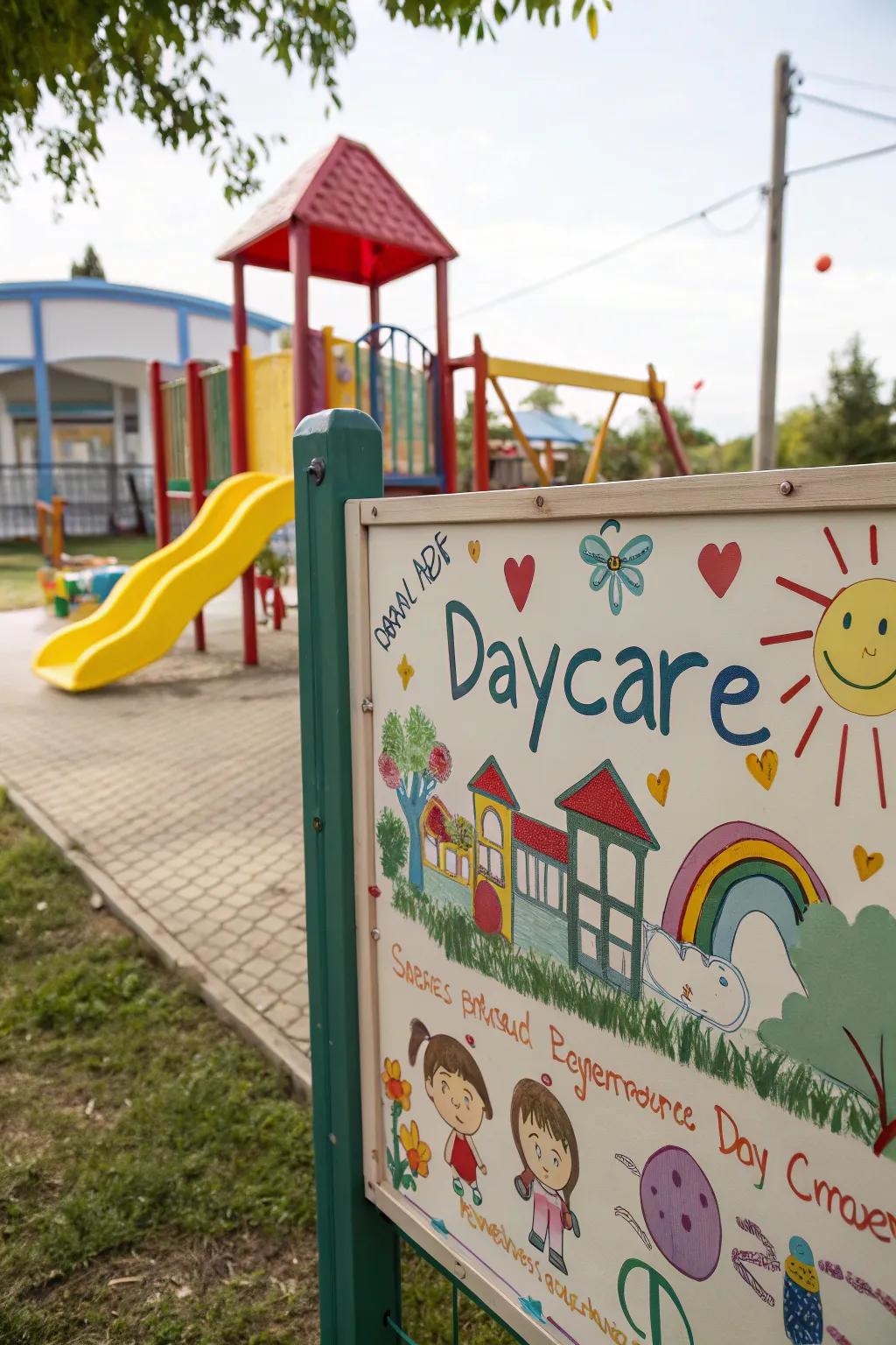 Children's artwork proudly presented on the daycare marker contributes a unique and heartwarming element.