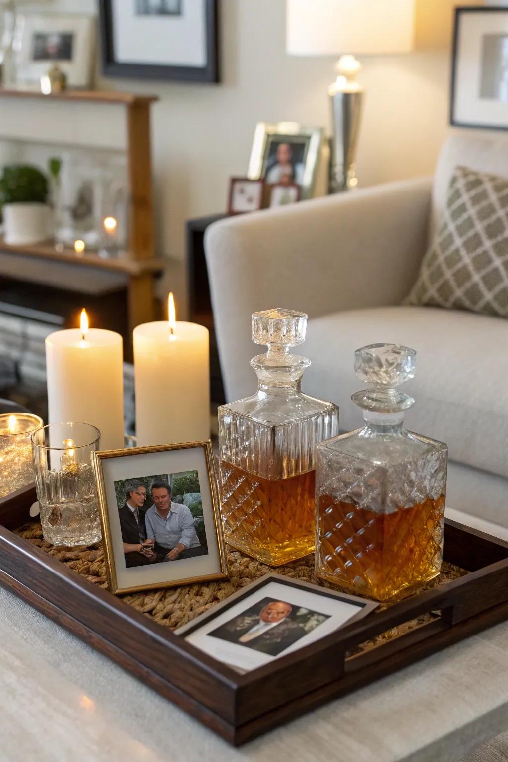 A cozy nook featuring carafes and personal decorative touches.