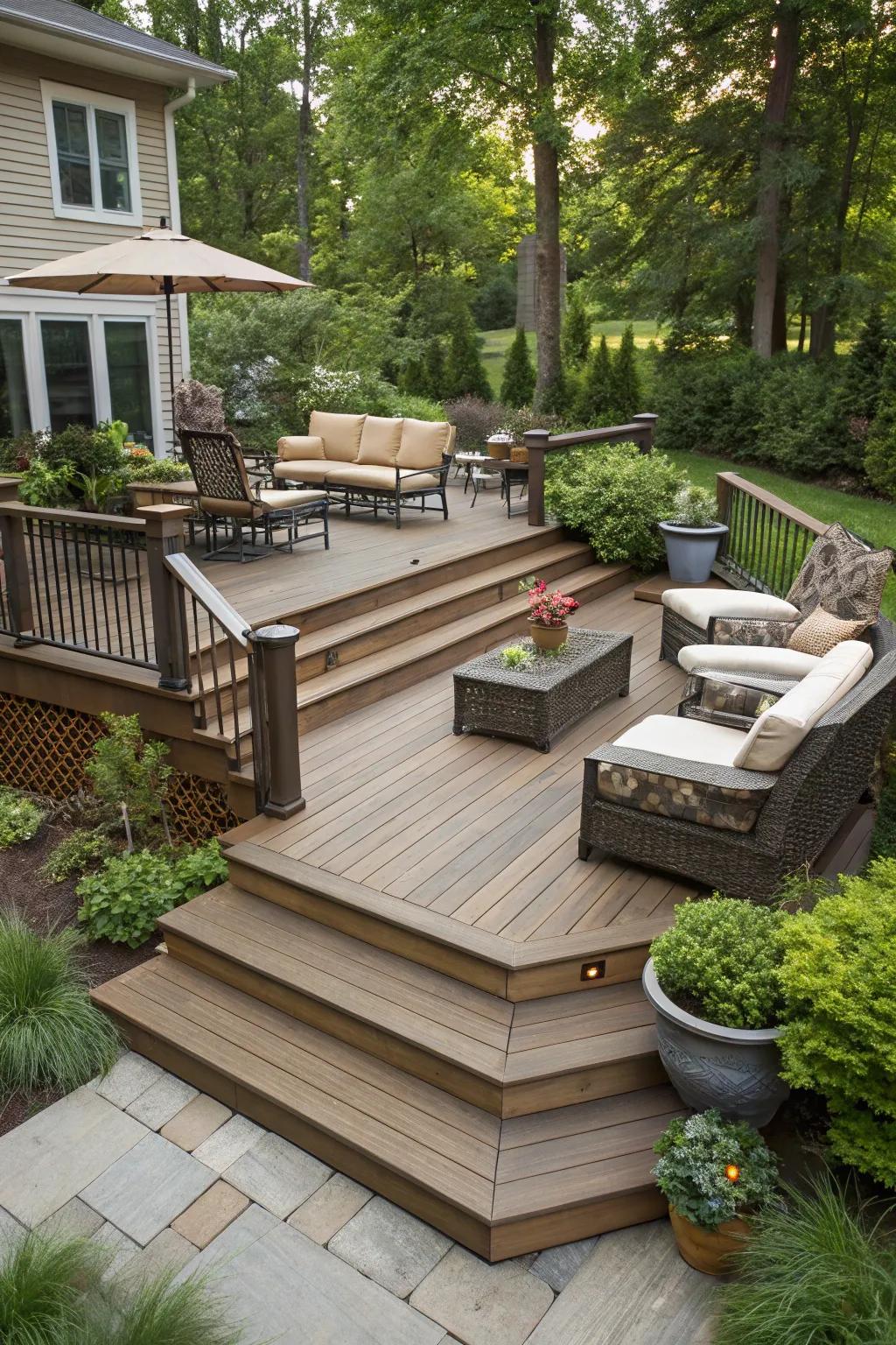 A multi-level deck with lively and functional steps