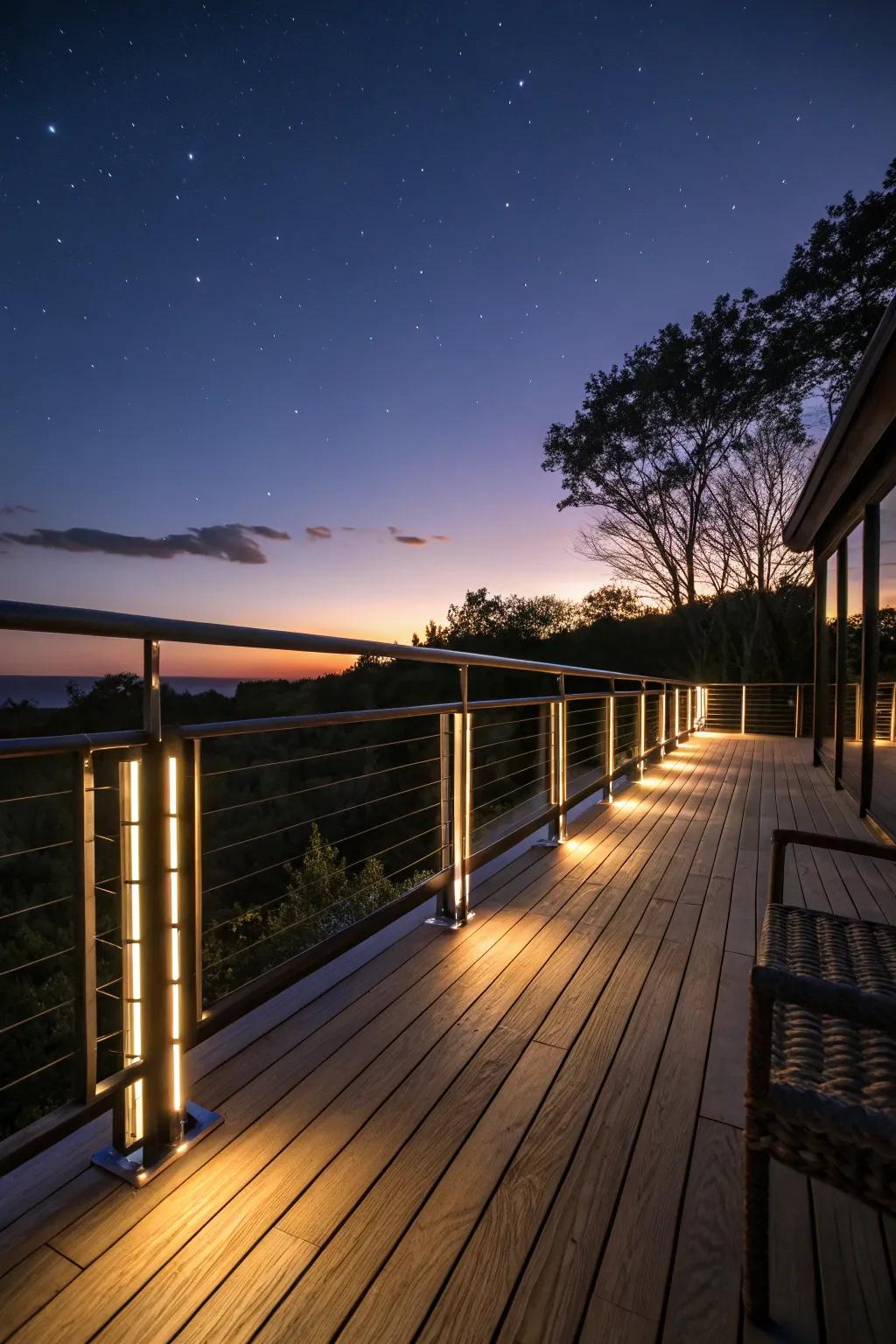 A cozy deck with softly glowing illuminated railings, perfect for evening gatherings.