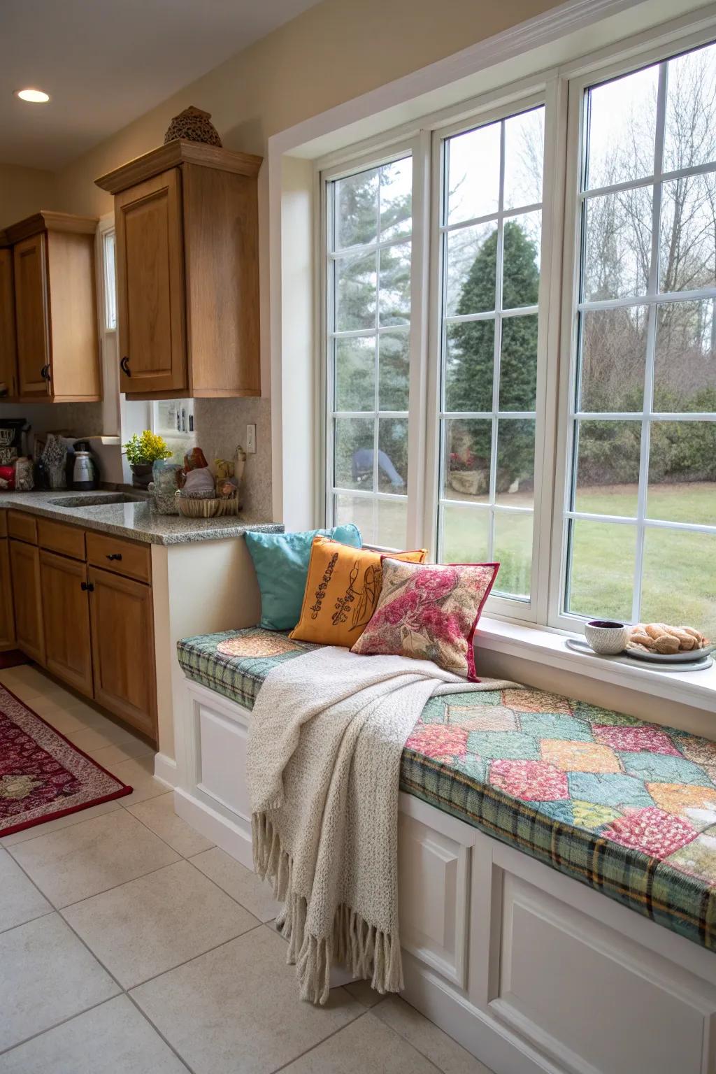 A cozy window seat invites relaxation into the kitchen.
