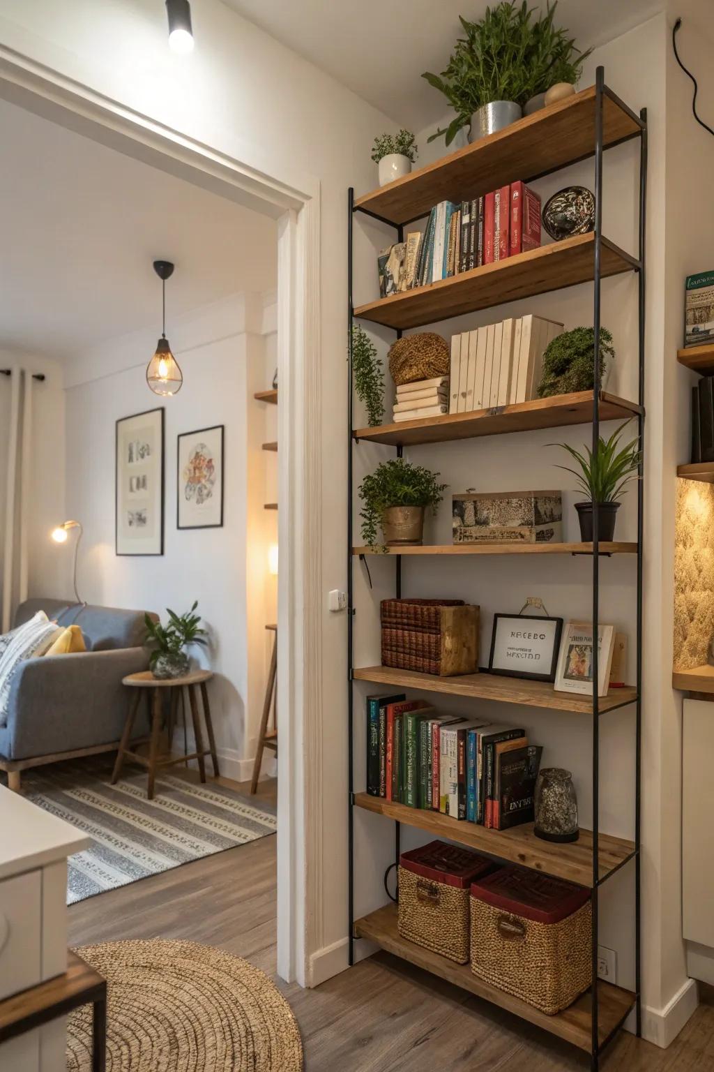 Open shelves offer practical storage and a chance to showcase personal treasures.