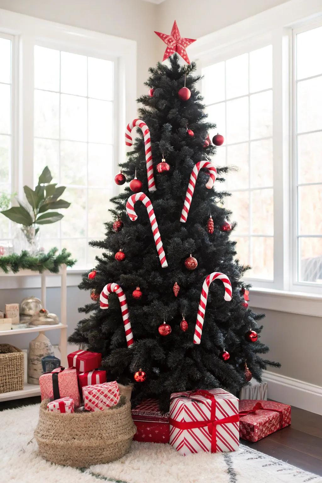 A quirky dark fir with oversized ornaments.