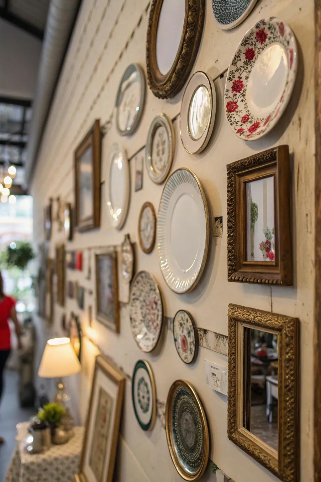 Plates amalgamated with looking glasses and artistry for a layered impact.