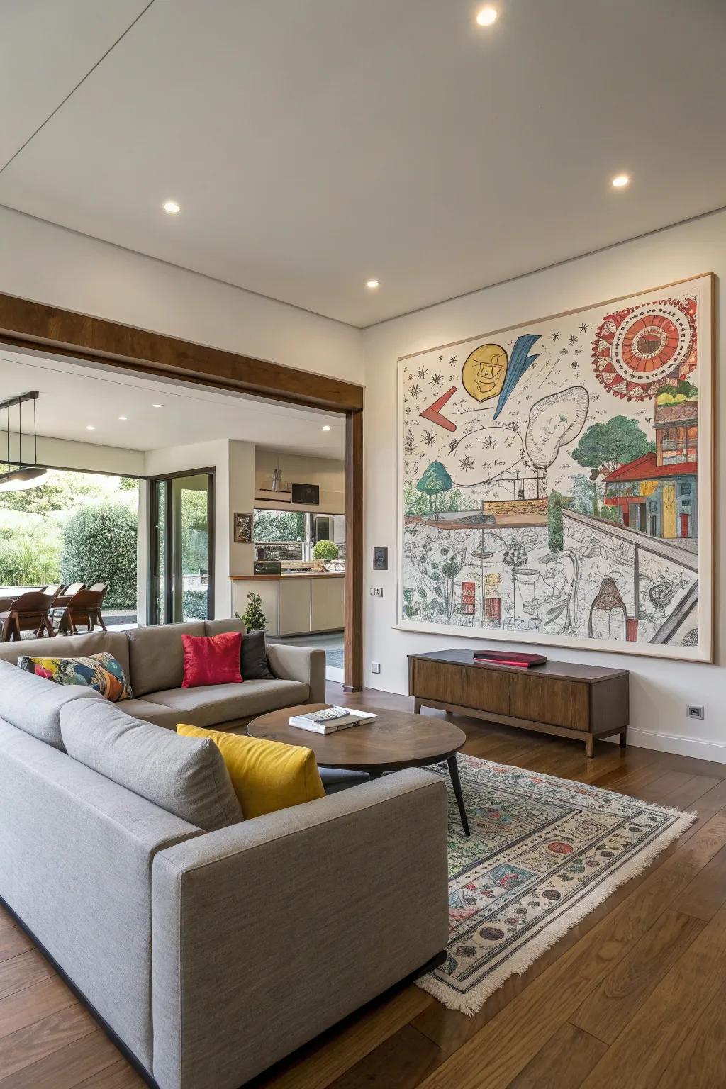Consider a modern living room enlivened by a vivid aesthetic graphic drawing, capturing attention and sparking interest.