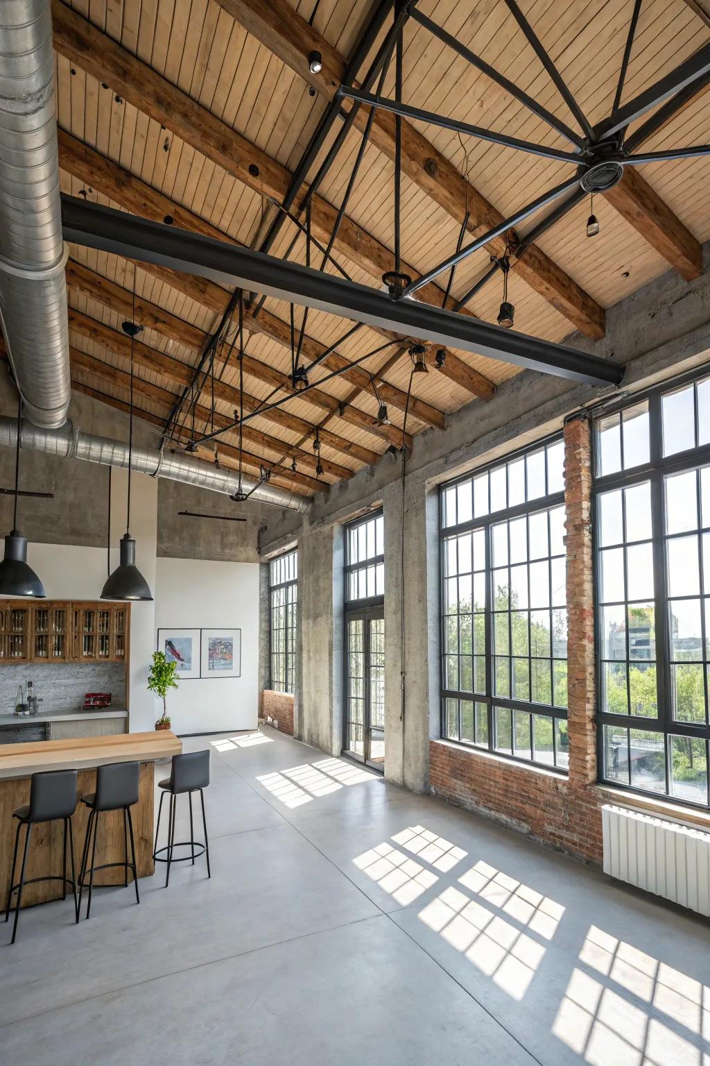 A chic industrial ambiance is produced by combining wood and metal beams.