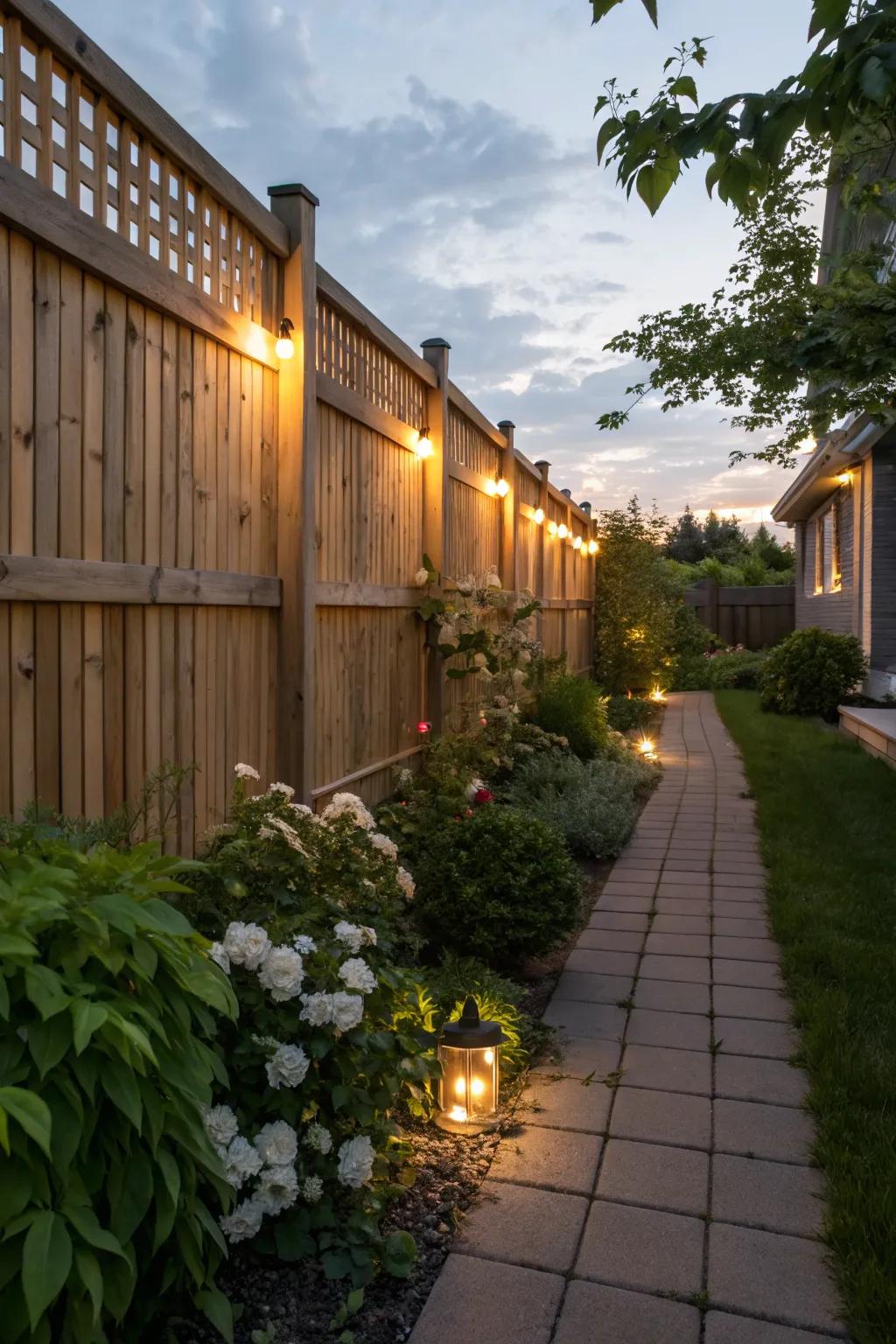 Unified illumination infuses warmth and security into fences.