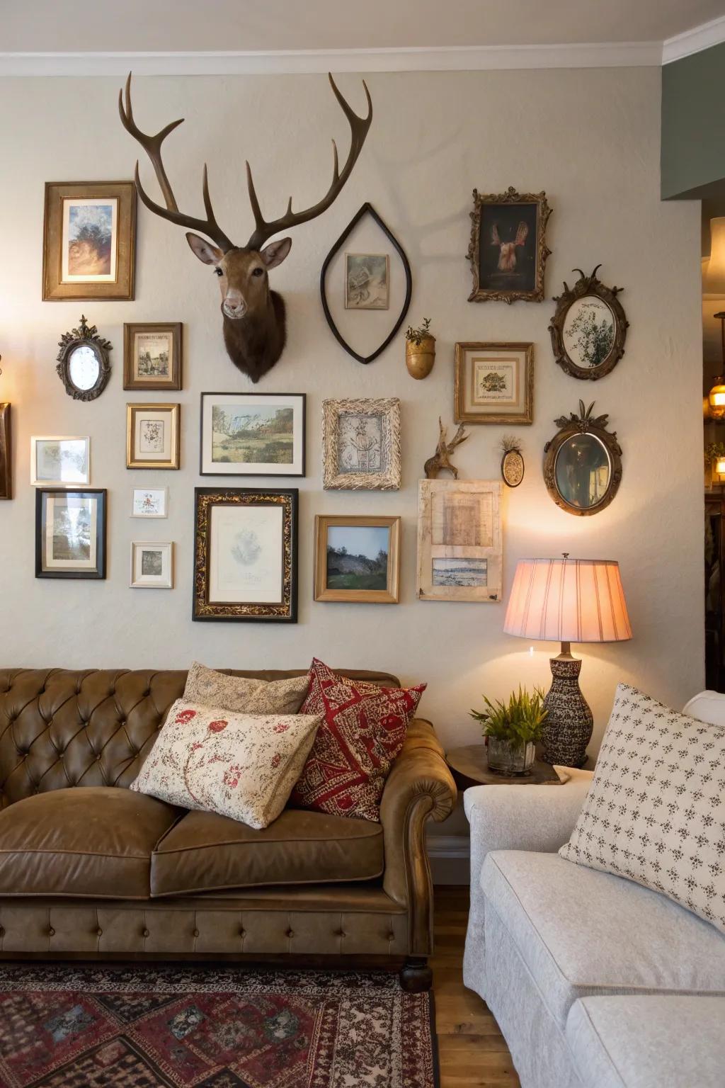 An eclectic living area wall features an inventive display of deer antlers, framed art, and reflectors.