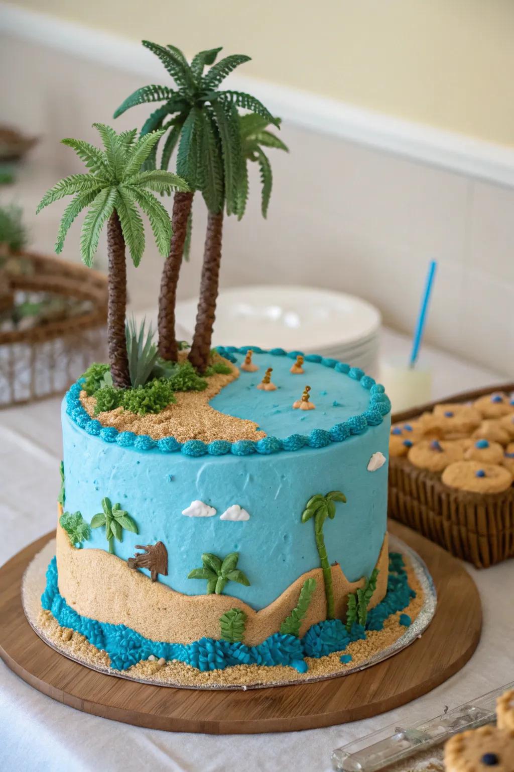 Confection adorned with an arid watering hole motif, showcasing azure frosting and palatable palm fronds.